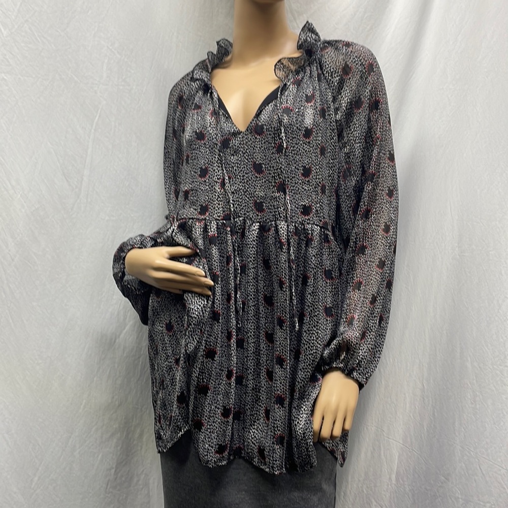 MELLODAY Gray Multicolor Flowy Boho Babydoll Blouse NWT